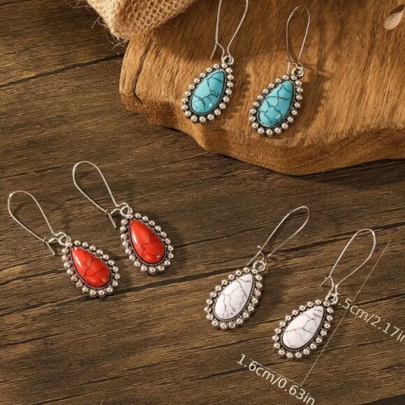 Bohemian Ethnic Turquoise Vintage Water Drop Shape Dangle Earrings - 3 Pair Set - Picture 2 of 3